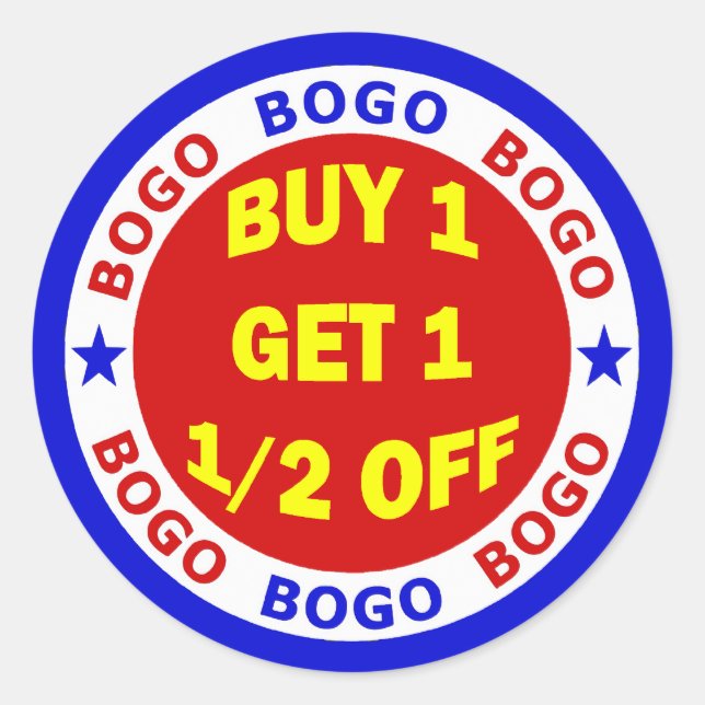 BOGO BUY ONE GET ONE HALF OFF CLASSIC ROUND STICKER (Front)