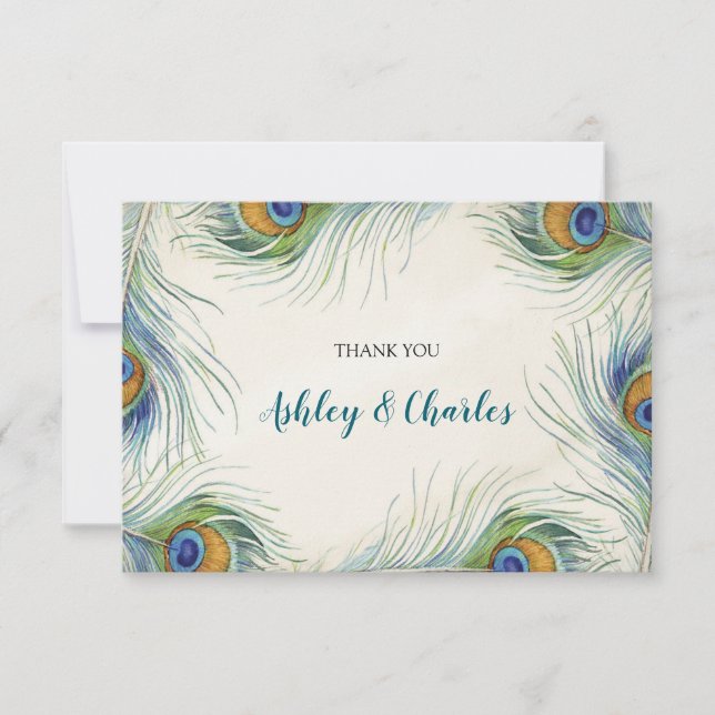 Boheamian Peacock Feather Elegant Teal Wedding Thank You Card (Front)