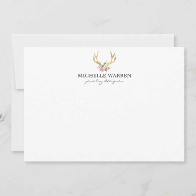 Bohème Antlers en or avec Fleurs Carte pour notes  (Devant)
