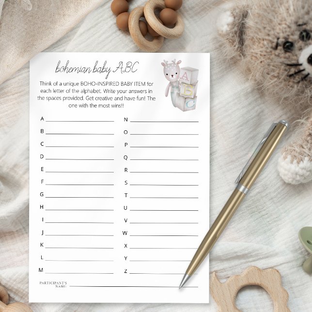 Bohème Bébé Bricks ABC Douche Carte de jeu (Available as a printable digital download or printed)