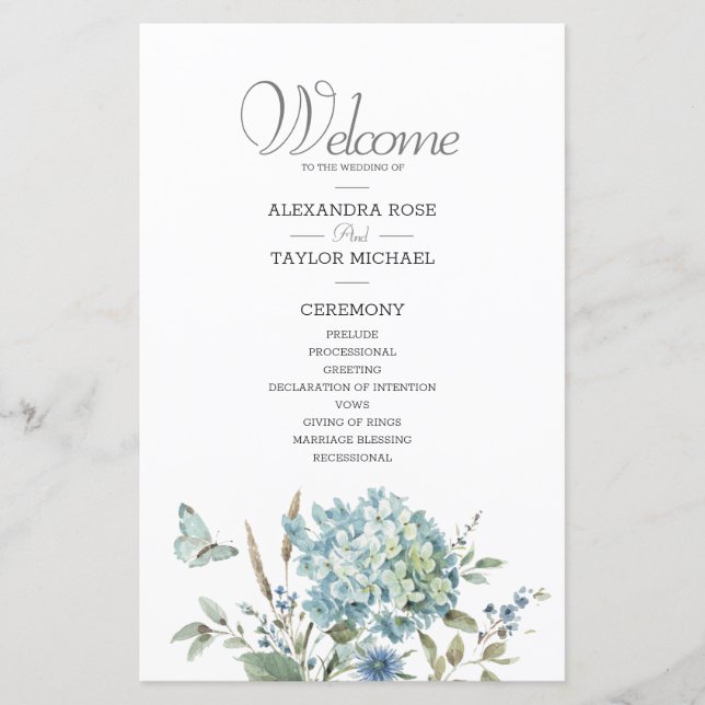 Bohème Bleu Botanique Programme de mariage d'aquar (Devant)