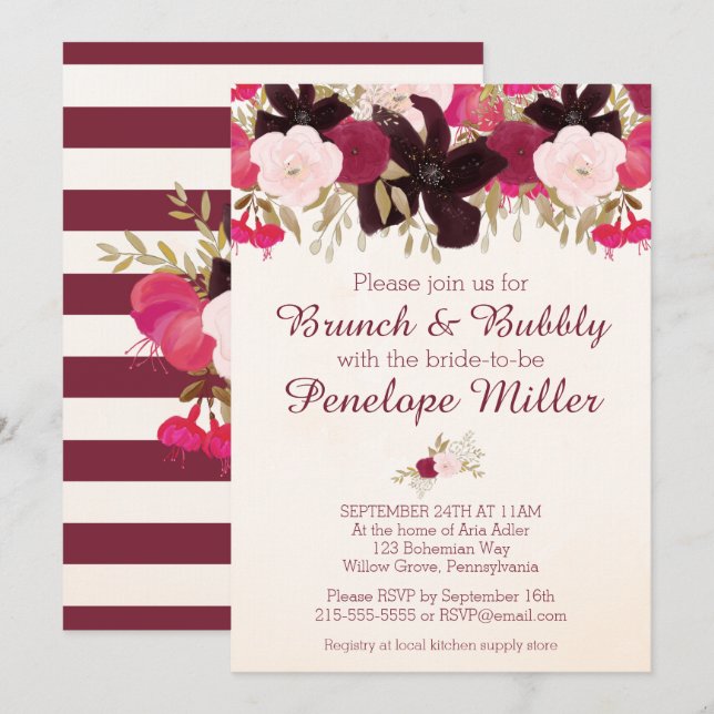 Bohème Floral Brunch et Bubbly Invitation (Devant / Derrière)