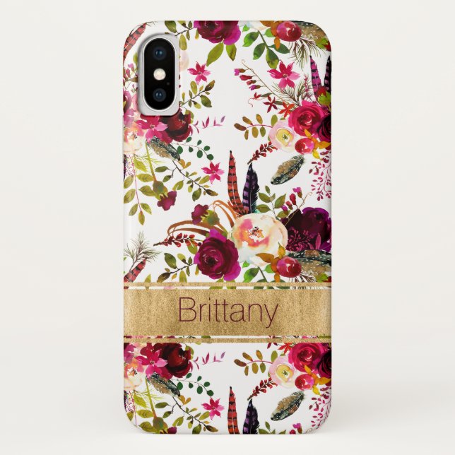 Bohème Floral, Plumes Coque-Mate iPhone X Coque (Dos)