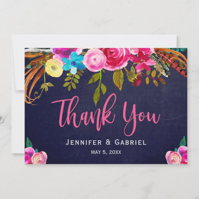 Bohème Floral rose marine Script Mariage Merci (Devant)