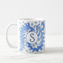 Bohème Monogramme Bleu & Blanc Mug Personnalisé