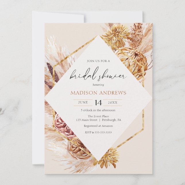 Bohême Pampas Grass nuptiale de douche Invitation (Devant)