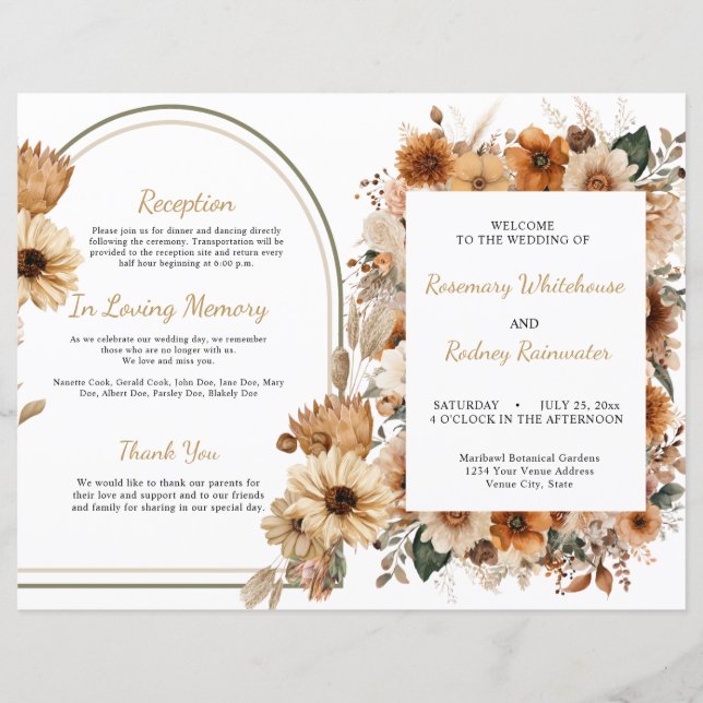 Bohème Rustique Automne Floral Wedding Programme (Devant)