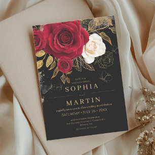 Bohemia Red Roses Gold Elegant Flower Wedding  Invitation