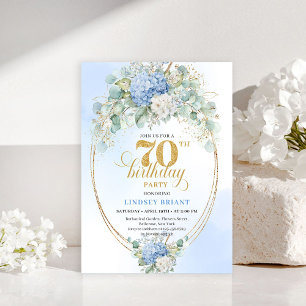 Bohemian 70th Birthday Blue Floral Gold Invitation