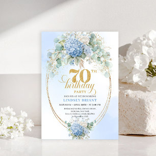Bohemian 70th Birthday Blue Hydrangeas Gold Invite