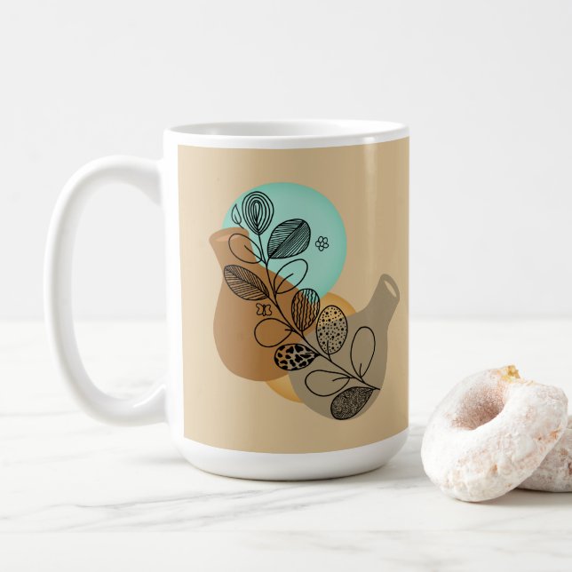 BOHEMIAN ABSTRACT MINIMALIST WITH BLACK LEAF COFFEE MUG (With Donut)