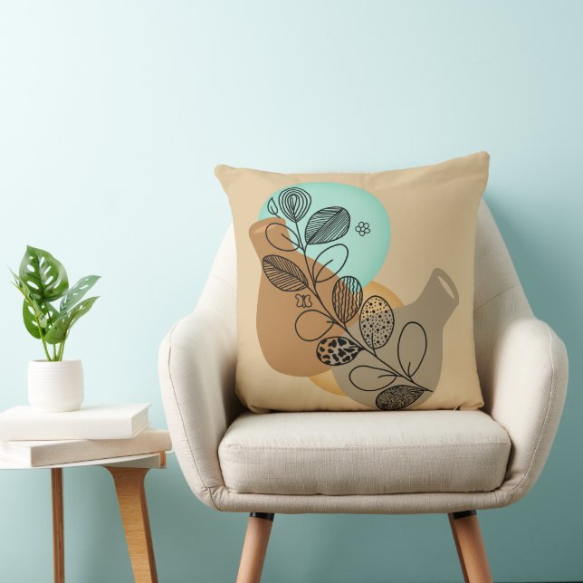 BOHEMIAN ABSTRACT MINIMALIST WITH BLACK LEAF THROW PILLOW (Chair)