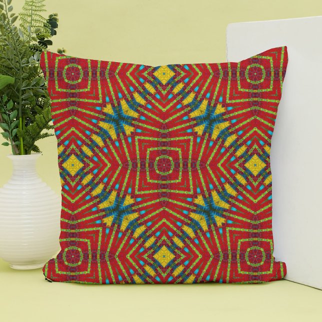 Bohemian Abstract Red & Ochre Floral Ethnic Tribal Outdoor Pillow (Creator Uploaded)
