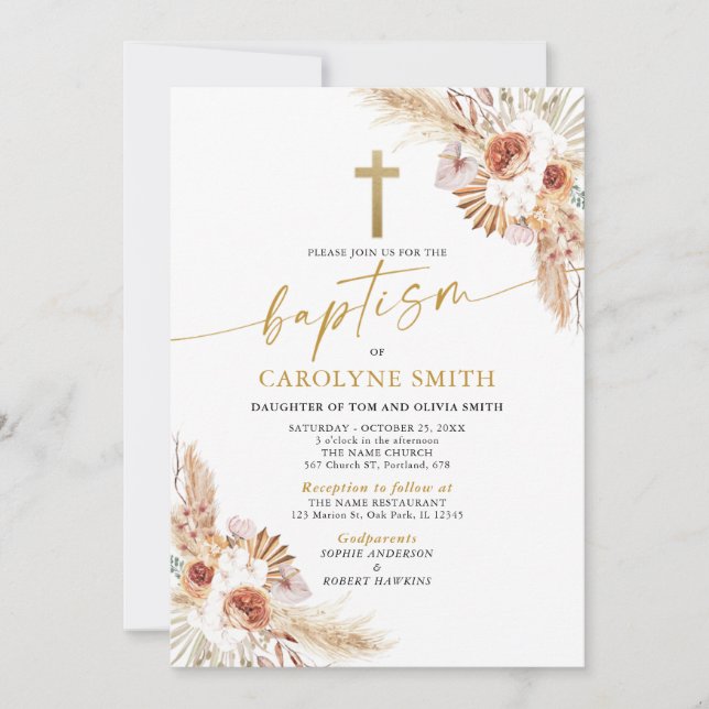 Bohemian and Pampas Grass Baptism Christening Invitation (Front)