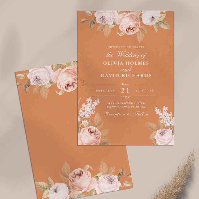 Bohemian Apricot Peonies Wedding Invitation (Bohemian Apricot Peonies Wedding Invitation on neutral table)