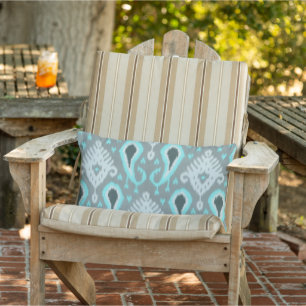 Bohemian Aqua Turquoise Ikat Tribal Art Pattern Lumbar Pillow