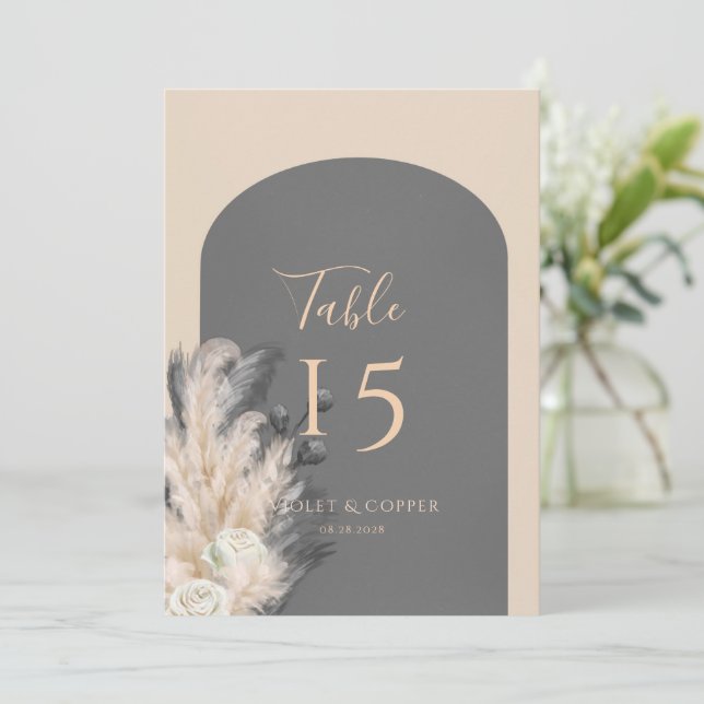 Bohemian Arch Pampas Grass Wedding Table Number (Standing Front)