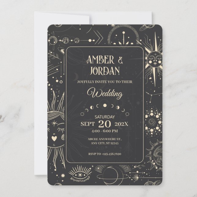 Bohemian astrology celestial wedding invitation (Front)