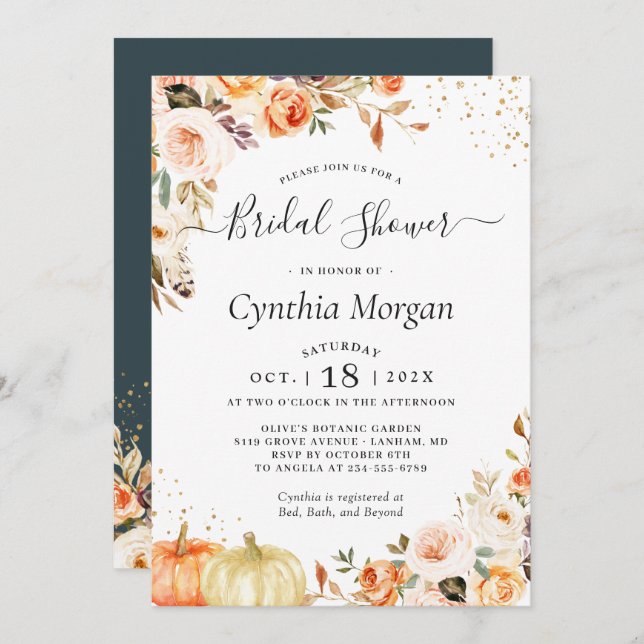Bohemian Autumn Gold Floral Fall Bridal Shower Invitation (Front/Back)