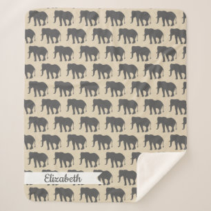 Bohemian Beige & Grey Elephants & Name in Script Sherpa Blanket
