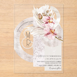 Bohemian Beige Pink Monogram Pampas Wedding  B Acrylic Invitations