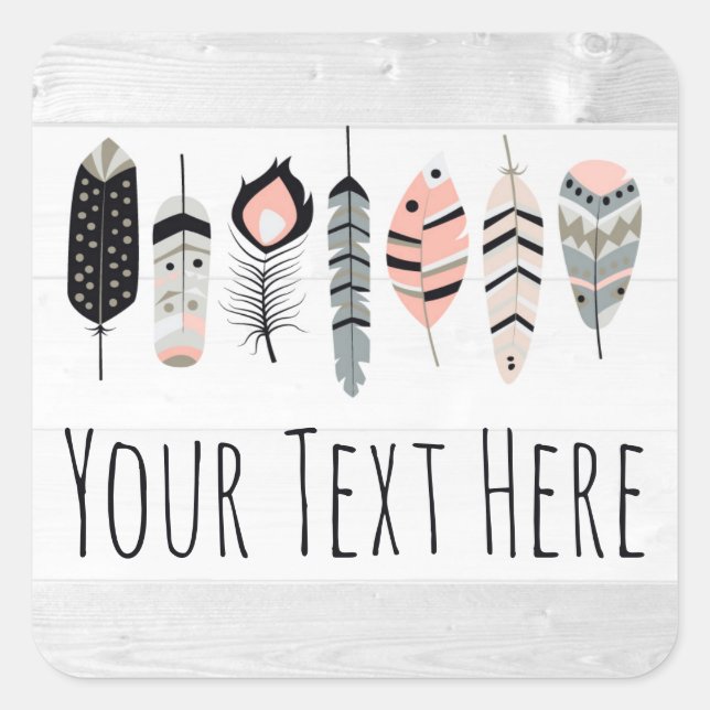 Bohemian Bird Feathers in Blush Pink Tribal Chic Square Sticker (Front)