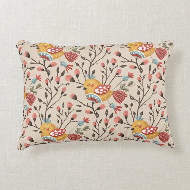 Bohemian Birds & Flowers Pattern – Nature-Inspired Accent Pillow (Front)