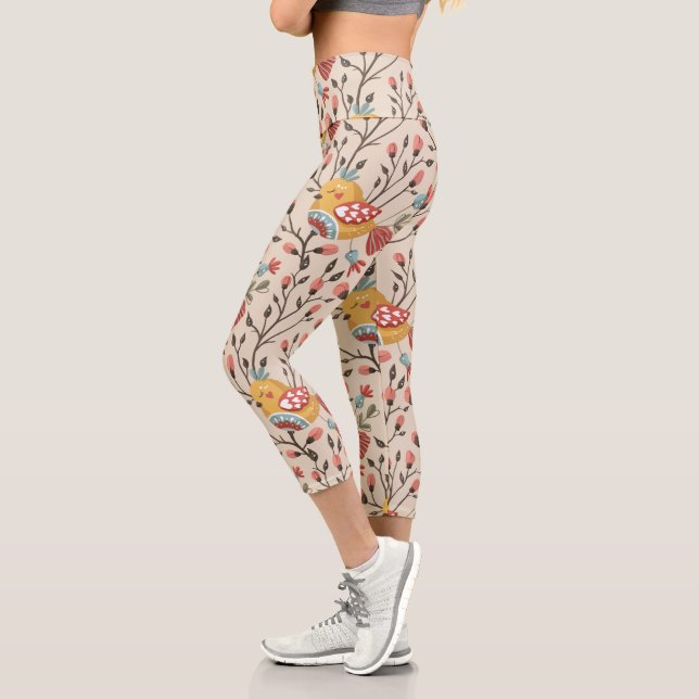Bohemian Birds & Flowers Pattern – Nature-Inspired Capri Leggings (Left)