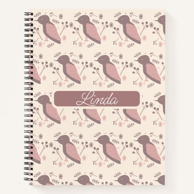 Bohemian Birds Muted Pink Name Journal Notebook (Front)