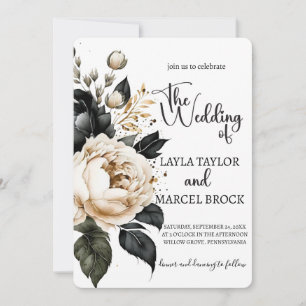 Bohemian Black and Gold Floral Photo Wedding Invitation