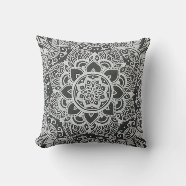 Bohemian Black and White Floral Abstract Throw Pillow (Front)