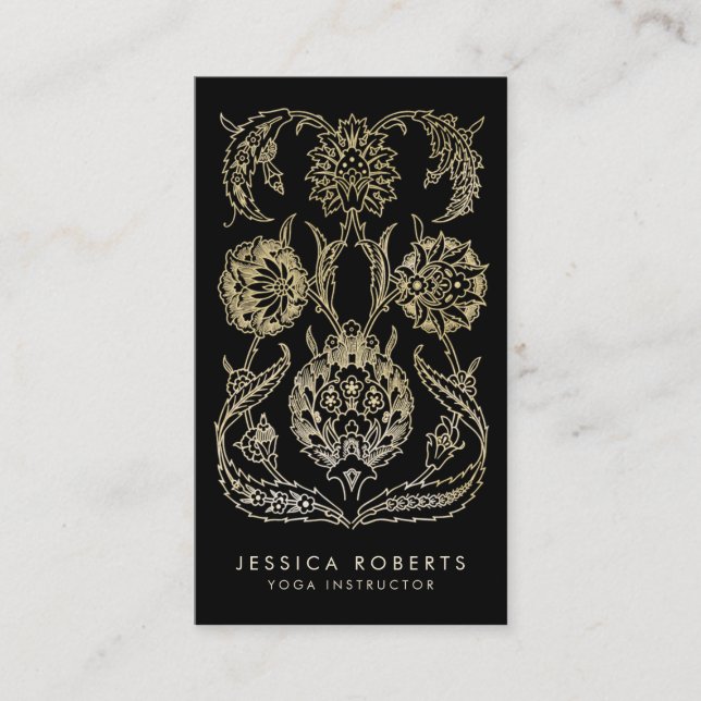 Bohemian Black Gold Look Modern Floral Business Card (Front)