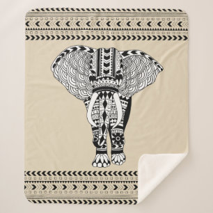 Bohemian Black & White Tribal Elephant Sherpa Blanket