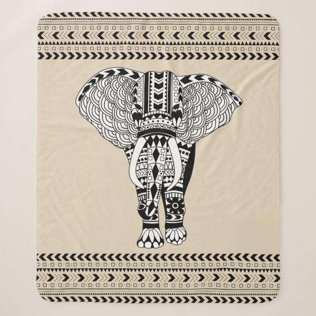 Bohemian Black & White Tribal Elephant Sherpa Blanket (Front)