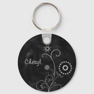 Bohemian Blackboard Pretty White Flowers With Name Keychain