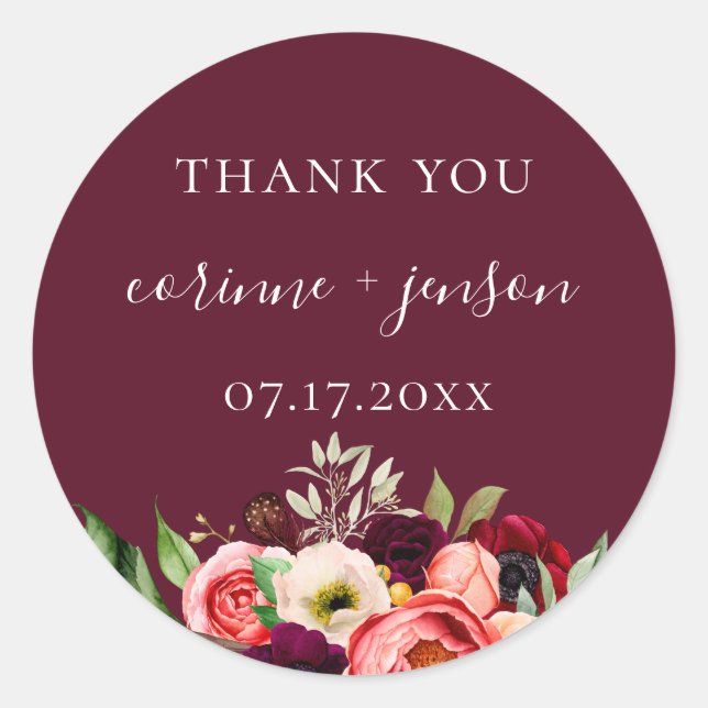 Bohemian Blooms Burgundy Wedding Favour Classic Round Sticker (Front)