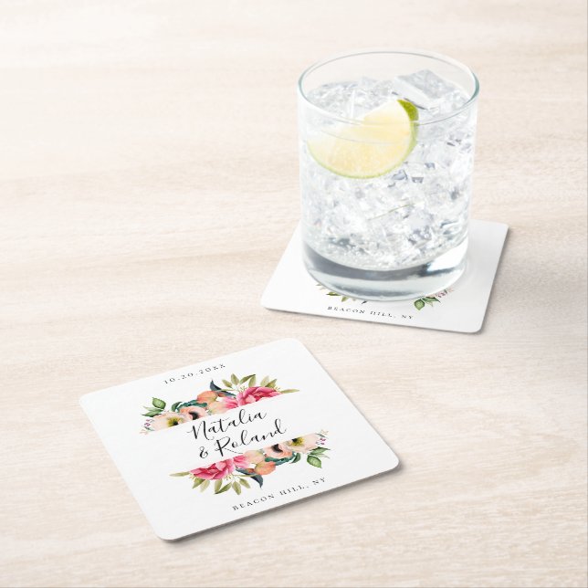 Bohemian Blooms Floral Frame Square Paper Coaster (Insitu)
