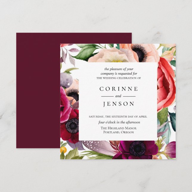 Bohemian Blooms Wedding Invitation (Front/Back)