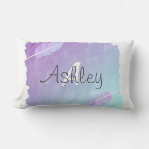 Bohemian Blue and Purple Watercolor and Feathers Lumbar Pillow