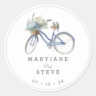 Bohemian Blue Bicycle Watercolor Wedding Classic Round Sticker