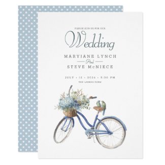 Bohemian Blue Bicycle Watercolor Wedding Invitation