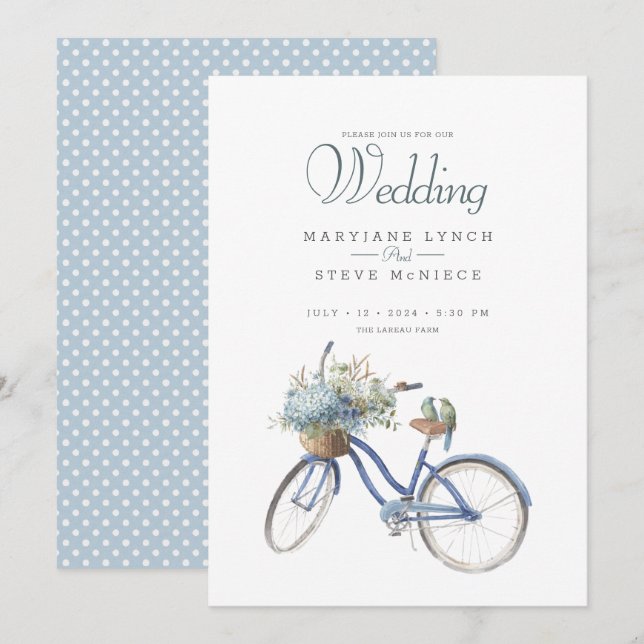 Bohemian Blue Bicycle Watercolor Wedding Invitation (Front/Back)