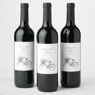 Bohemian Blue Bicycle Watercolor Wedding Wine Labe Wine Label
