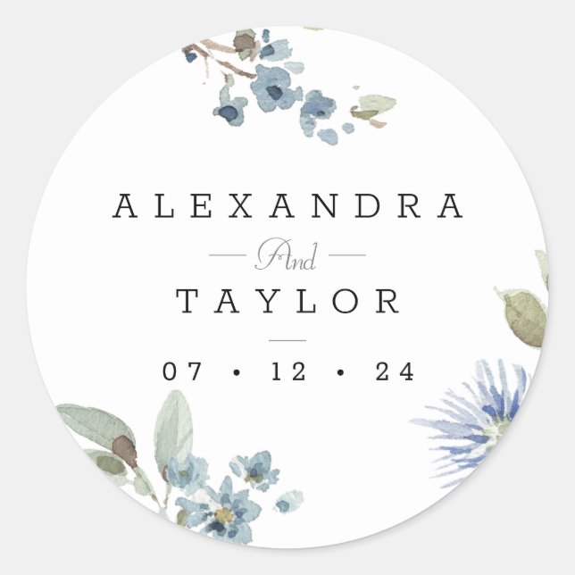 Bohemian Blue Botanical Watercolor Wedding Classic Round Sticker (Front)