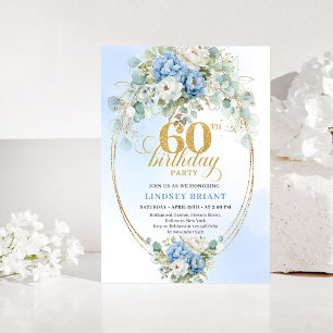 Bohemian Blue Floral 60th Birthday Invitation