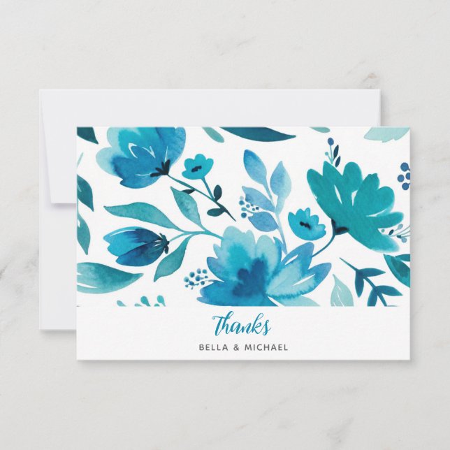 Bohemian Blue Floral Wedding Thank You Card (Front)