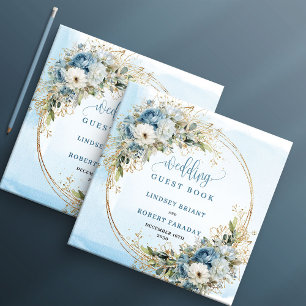 Bohemian Blue Flowers Eucalyptus Gold Guest Book