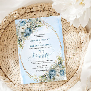 Bohemian Blue Flowers Greenery Gold Wedding Invite