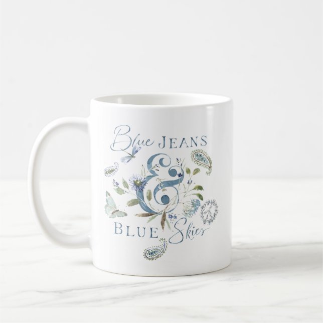 Bohemian Blue Green Floral Watercolor Quote Coffee Mug (Left)