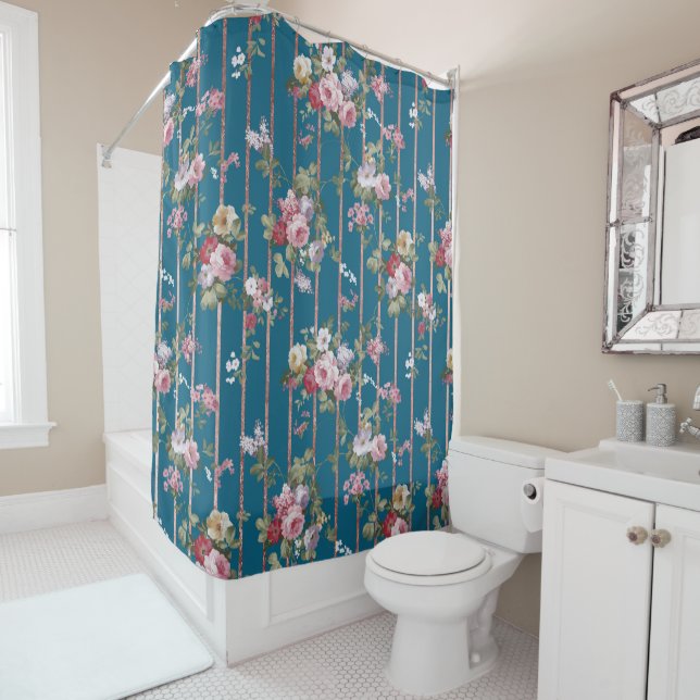 Bohemian blue pink red floral modern stripes (In Situ)